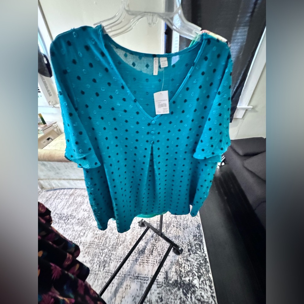 Cato Turquoise Polka Dot V-Neck Blouse